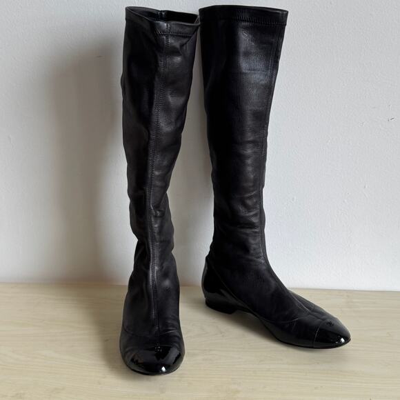 CHANEL Lambskin Leather Knee High  Cap Toe Riding Boots (box + dustbag) - Picture 2 of 16